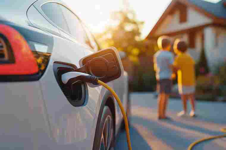 © Wild Dream - stock.adobe.com E-Auto wird aufgeladen im Hintergrund zwei Kinder