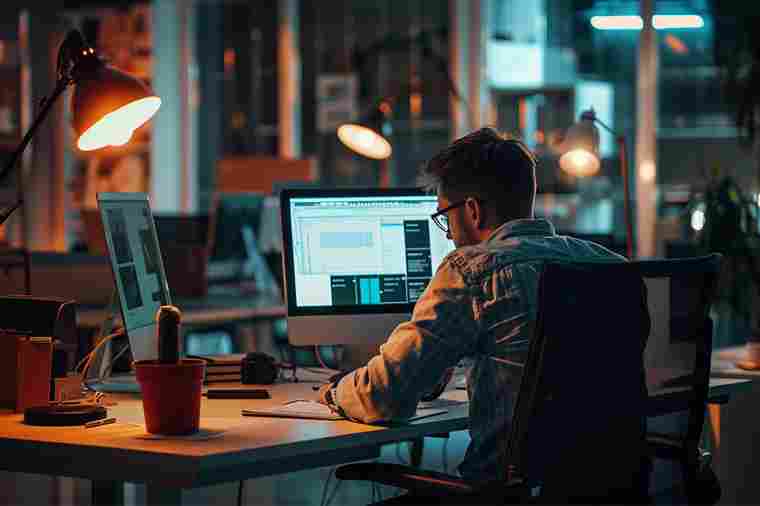 © BB_Stock - stock.adobe.com Mann sitzt an seinem Arbeitsplatz mit zwei Bildschirmen